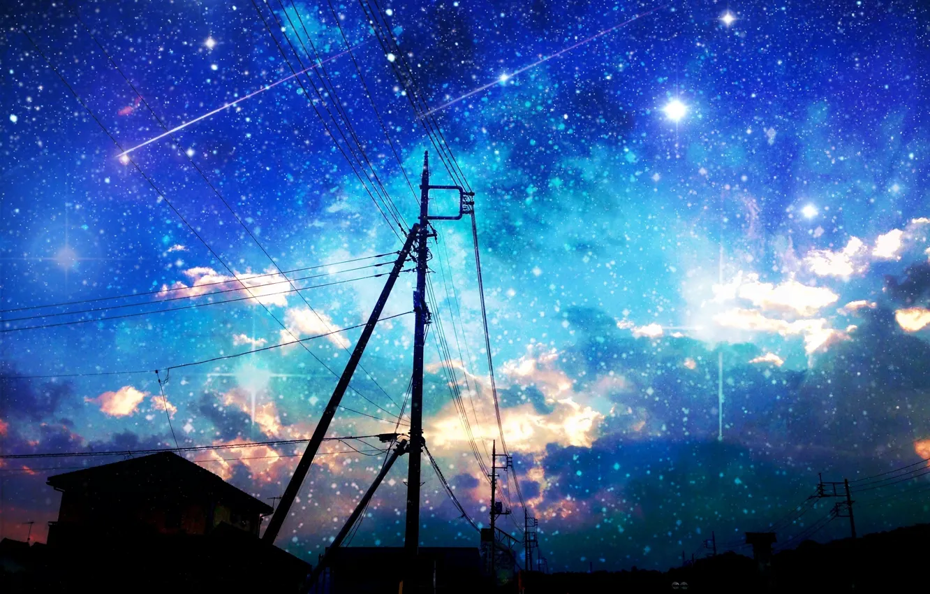 Photo wallpaper the sky, stars, clouds, the city, sunrise, posts, wire, home