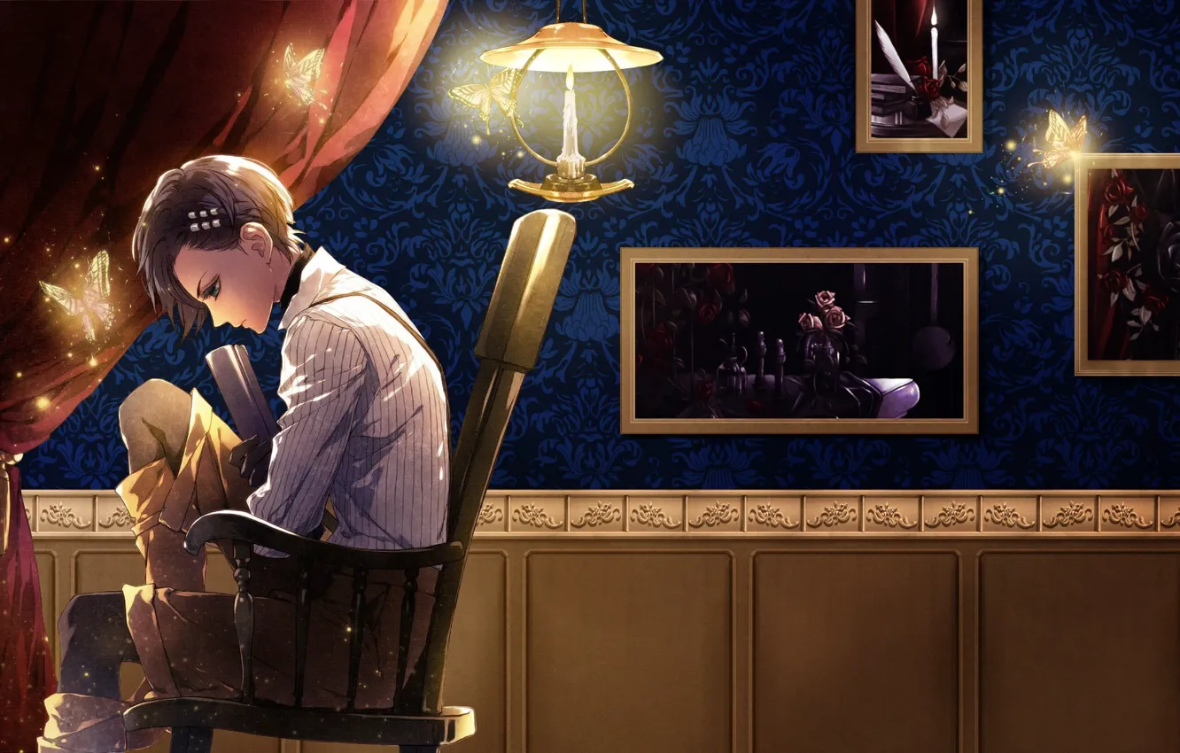 Photo wallpaper sadness, wall, lamp, picture, chair, curtains, shirt, moth