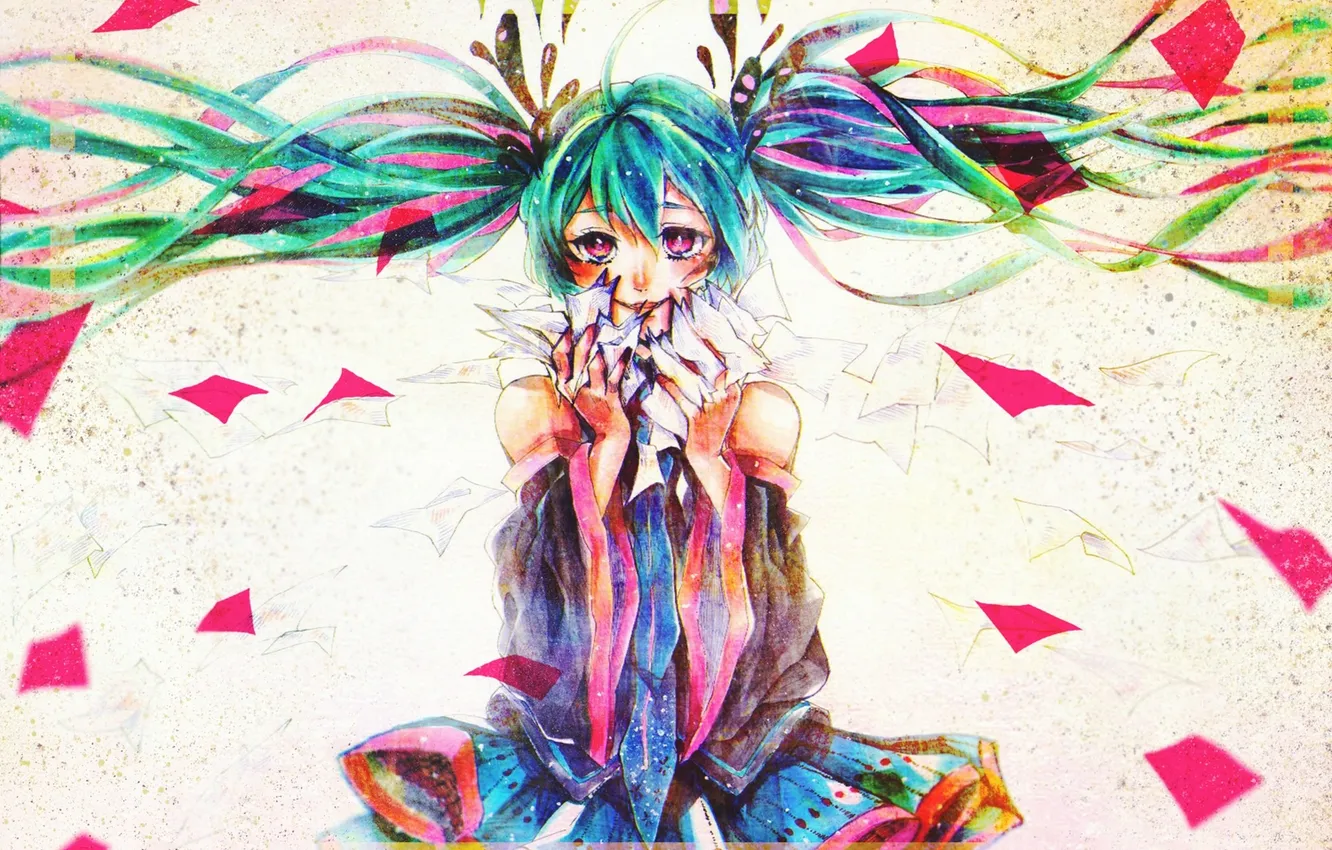 Photo wallpaper leaves, girl, smile, paper, art, vocaloid, hatsune miku, Vocaloid