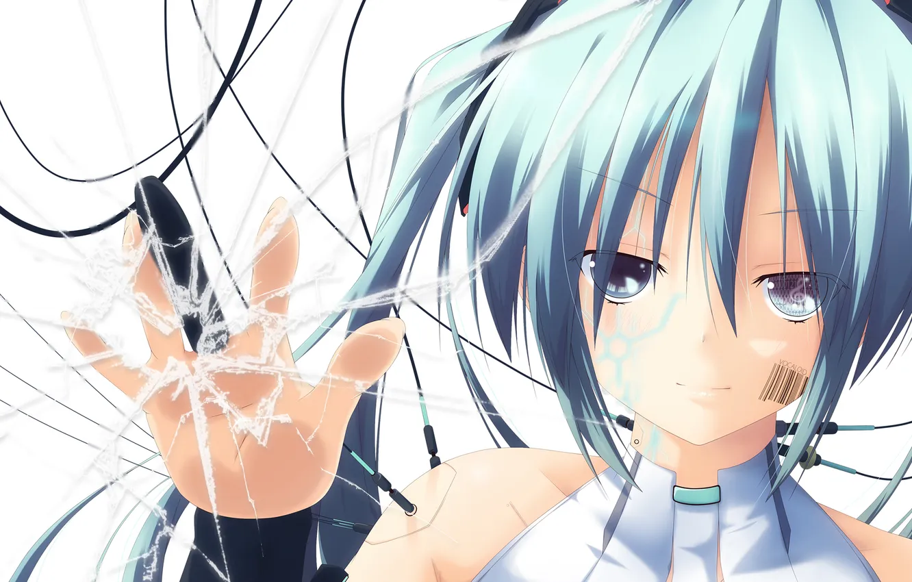 Photo wallpaper look, glass, girl, fragments, smile, vocaloid, hatsune miku, Vocaloid