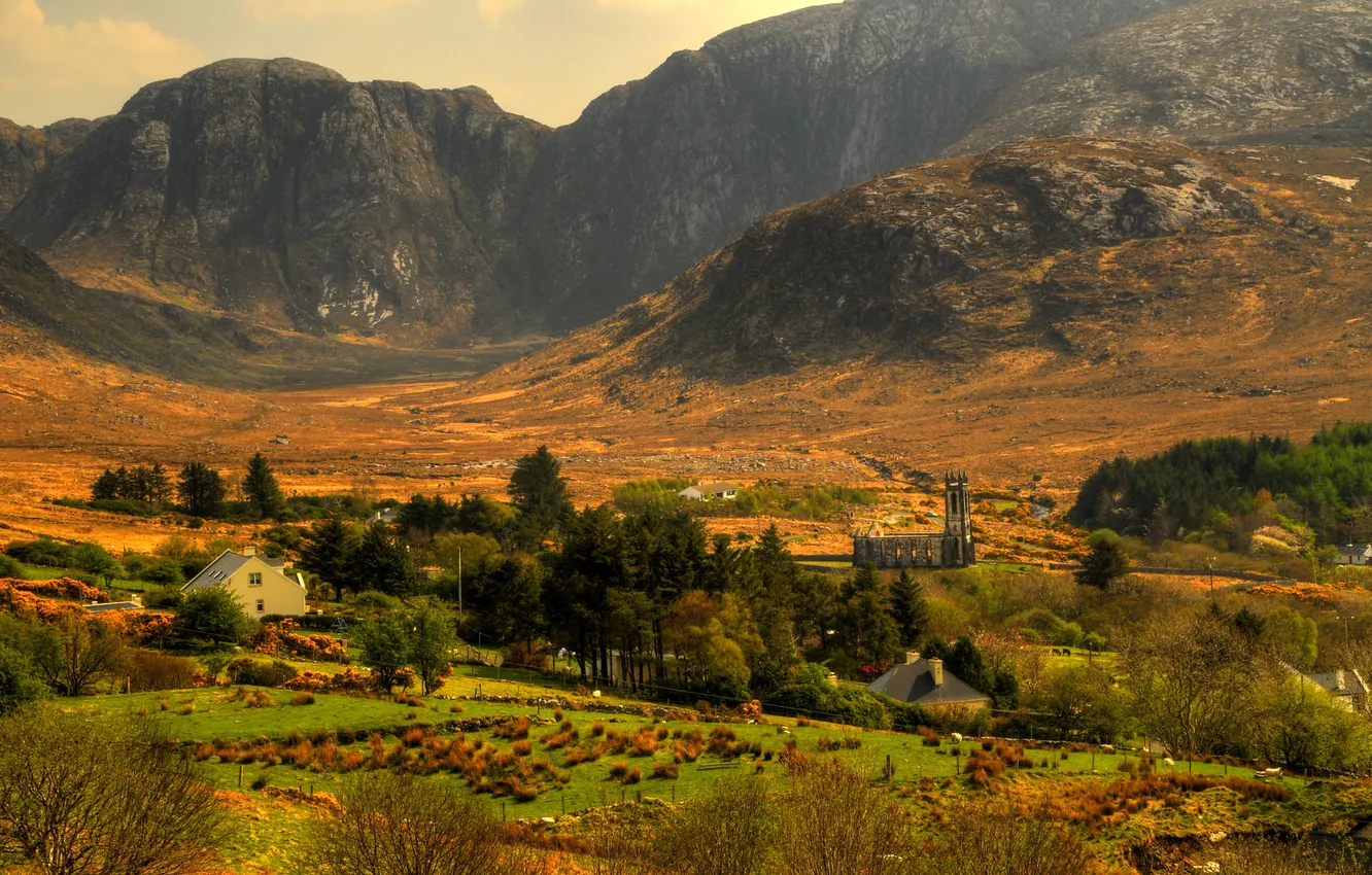 Photo wallpaper field, trees, mountains, home, gorge, Ireland, Dunlewey