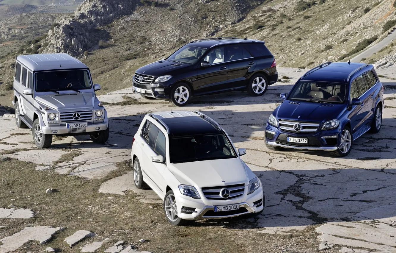 Photo wallpaper background, rocks, Mercedes-Benz, jeep, SUV, crossover, GLK-class, G-Class