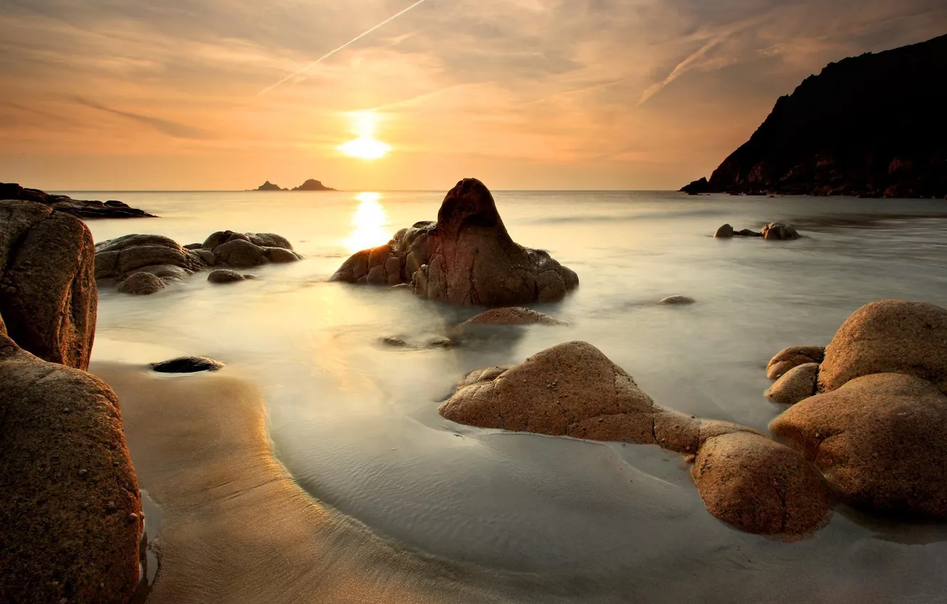 Photo wallpaper sand, sea, the sun, stones, seascape