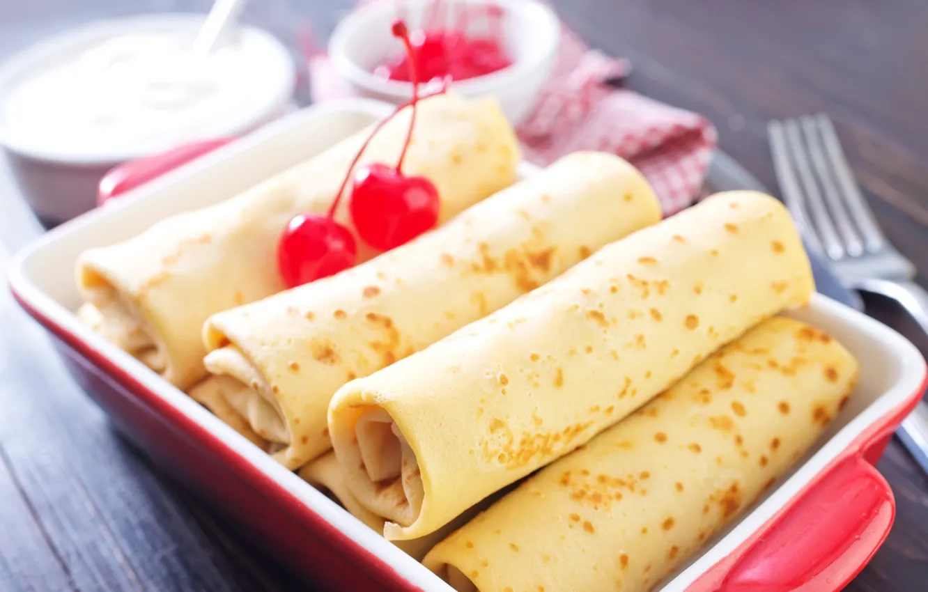 Photo wallpaper cherry, pancakes, tube