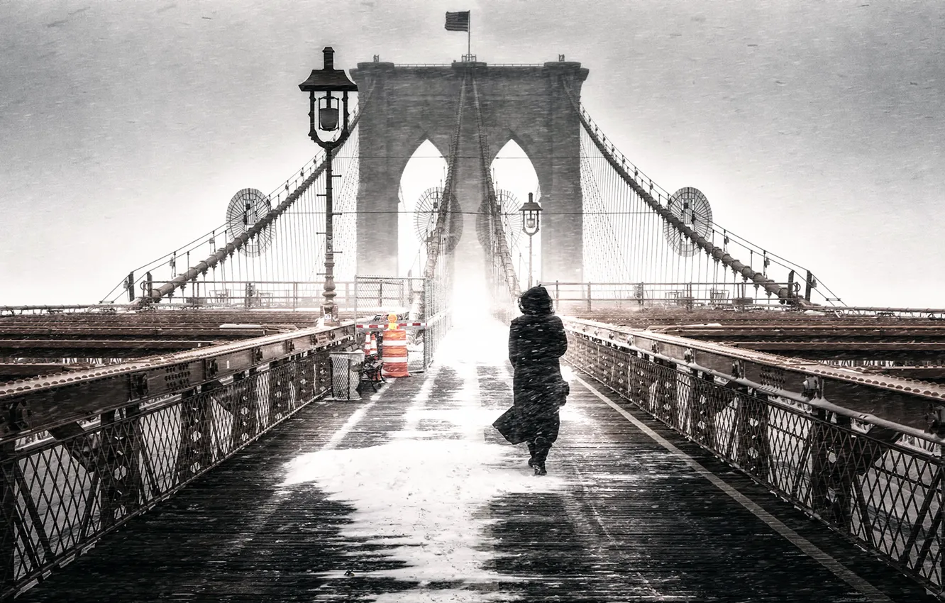 Photo wallpaper girl, bridge, Blizzard, Brooklyn Freeze