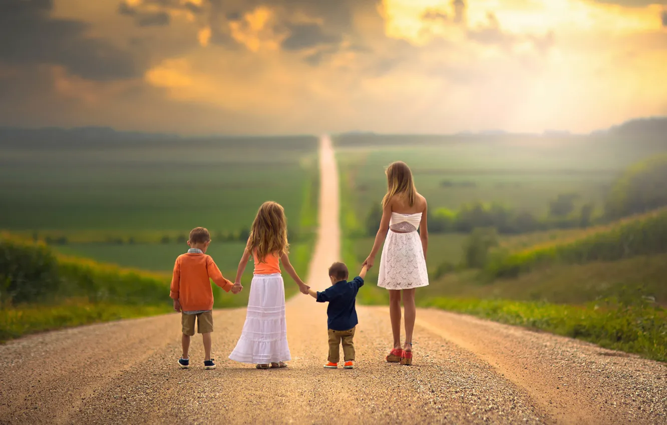 Photo wallpaper road, children, family, space