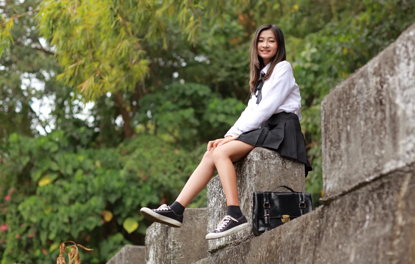 Photo wallpaper girl, schoolgirl, legs, Asian, uniform