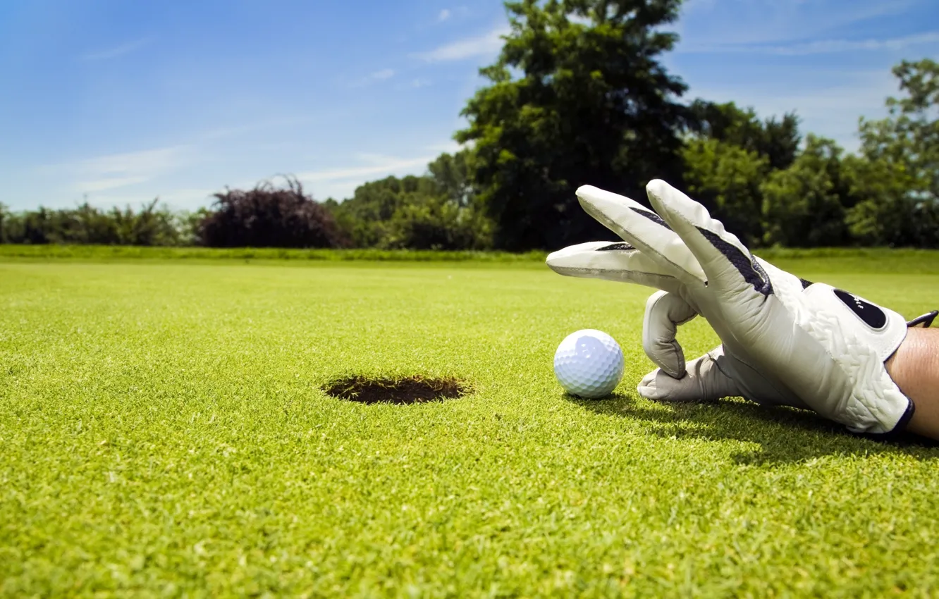Photo wallpaper the sky, lawn, sport, the game, the ball, hand, hole, Golf