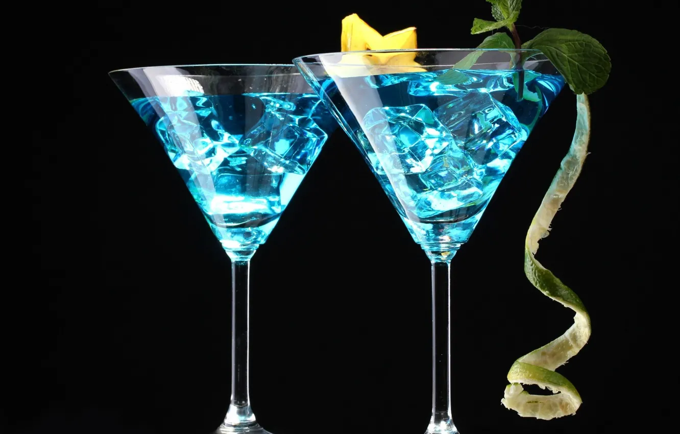 Photo wallpaper ice, glasses, cocktail, mint, peel, blue lagoon, cannon