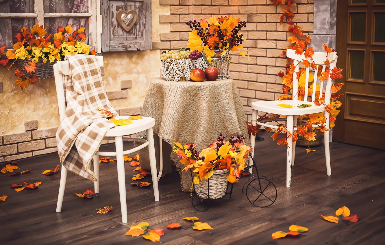 Photo wallpaper autumn, leaves, table, grapes, terrace