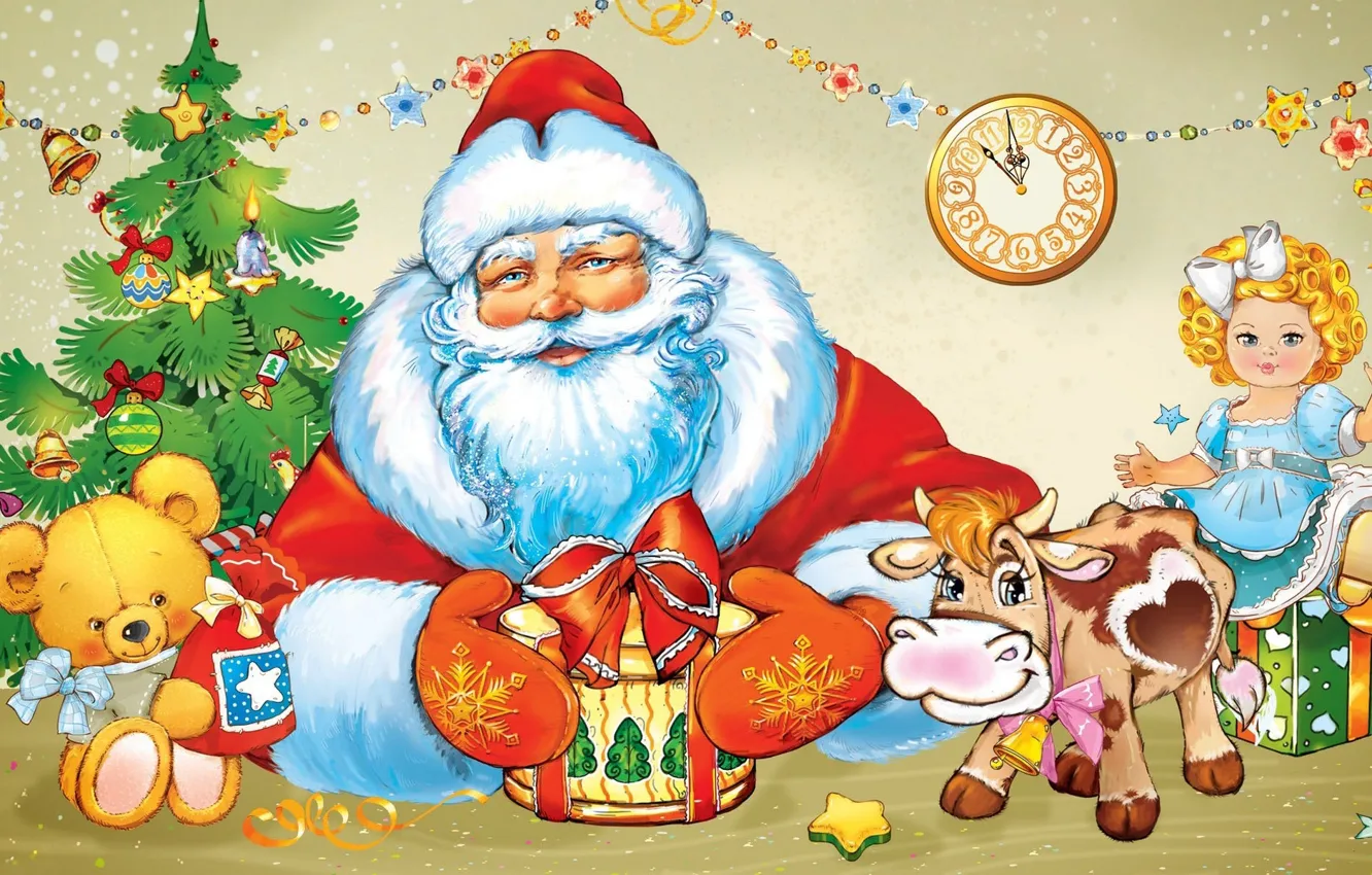 Photo wallpaper decoration, holiday, watch, tree, doll, cows, bear, Santa Claus