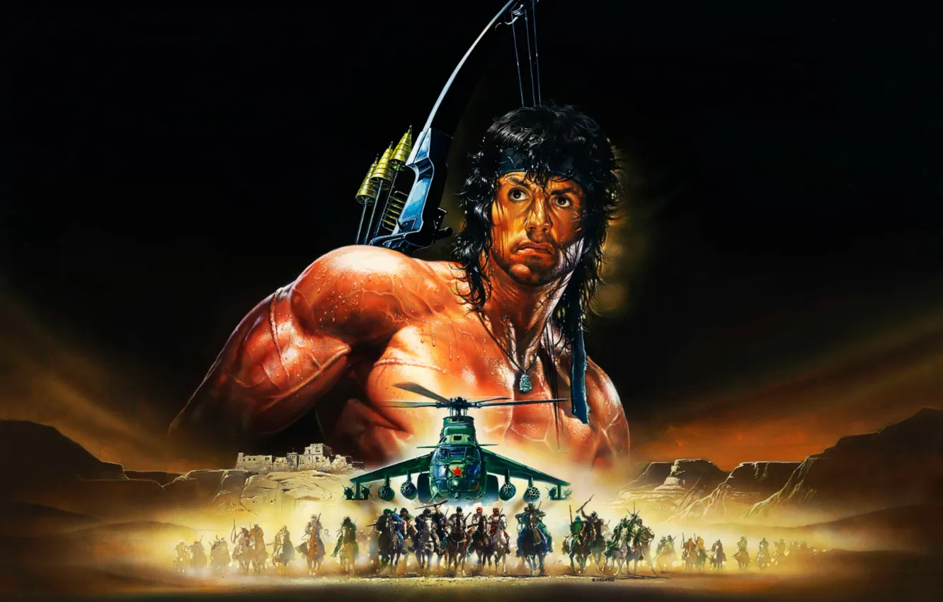 Photo wallpaper desert, poster, helicopter, Rambo, Stallone, Rimbaud 3