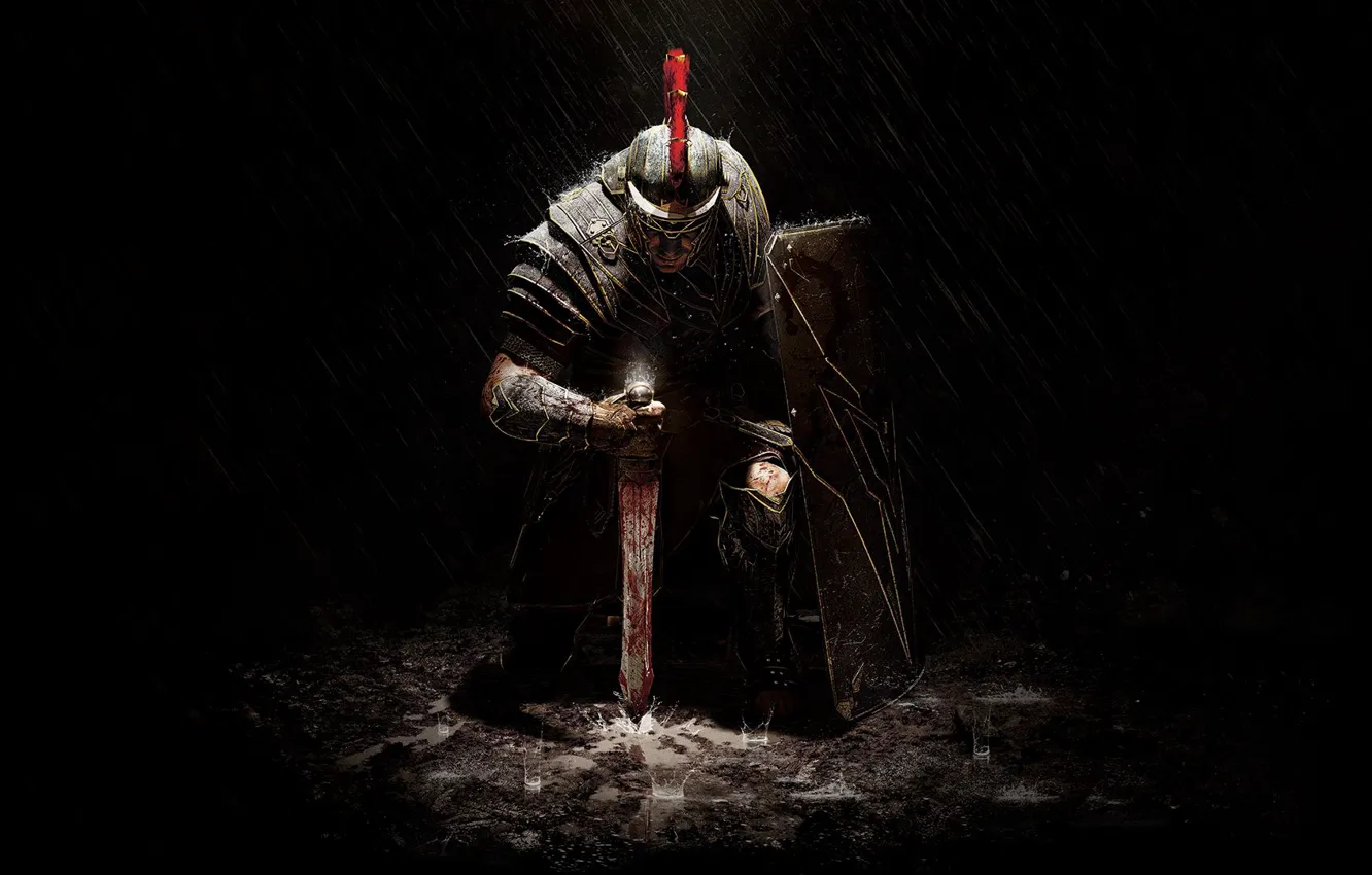 Photo wallpaper rain, sword, armor, warrior, shield, Crytek, Microsoft Game Studios, Ryse: Son of Rome