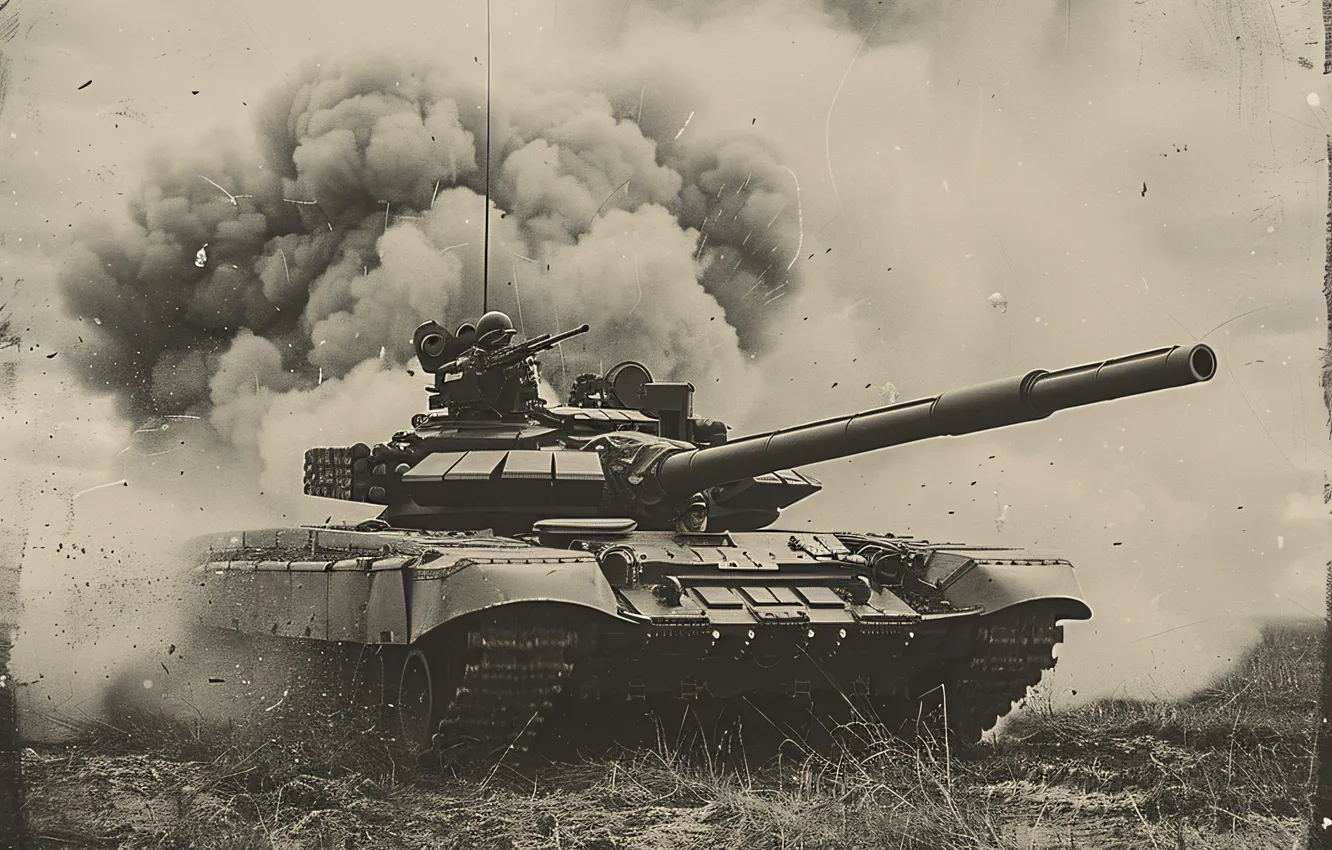 Photo wallpaper grass, retro, smoke, dust, tank, black and white, digital art, AI art