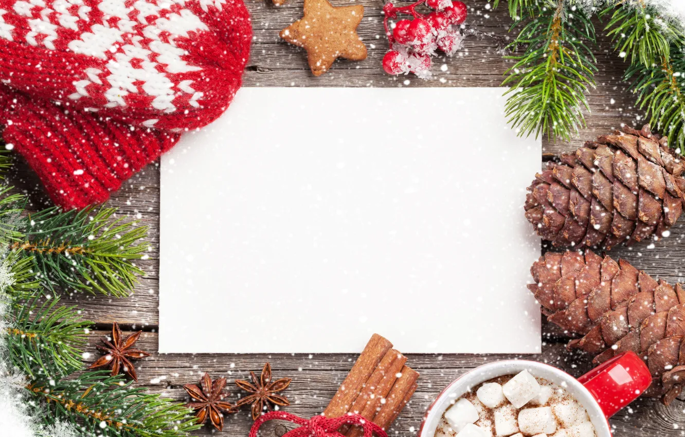 Photo wallpaper snow, decoration, tree, Christmas, Cup, gifts, New year, Christmas