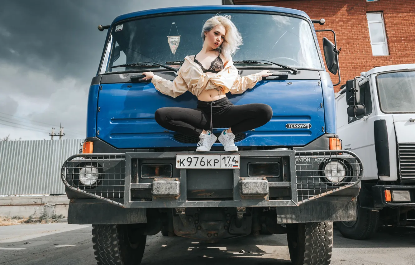 Photo wallpaper girl, pose, truck, legs, Anton Kharisov