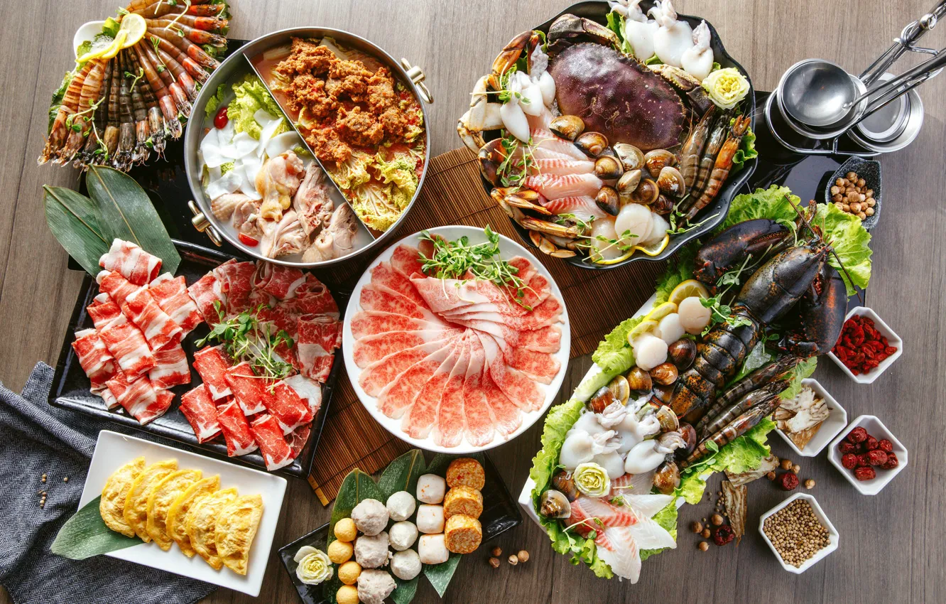 Photo wallpaper crab, soup, meat, Omar, vegetables, dish, shrimp, squid