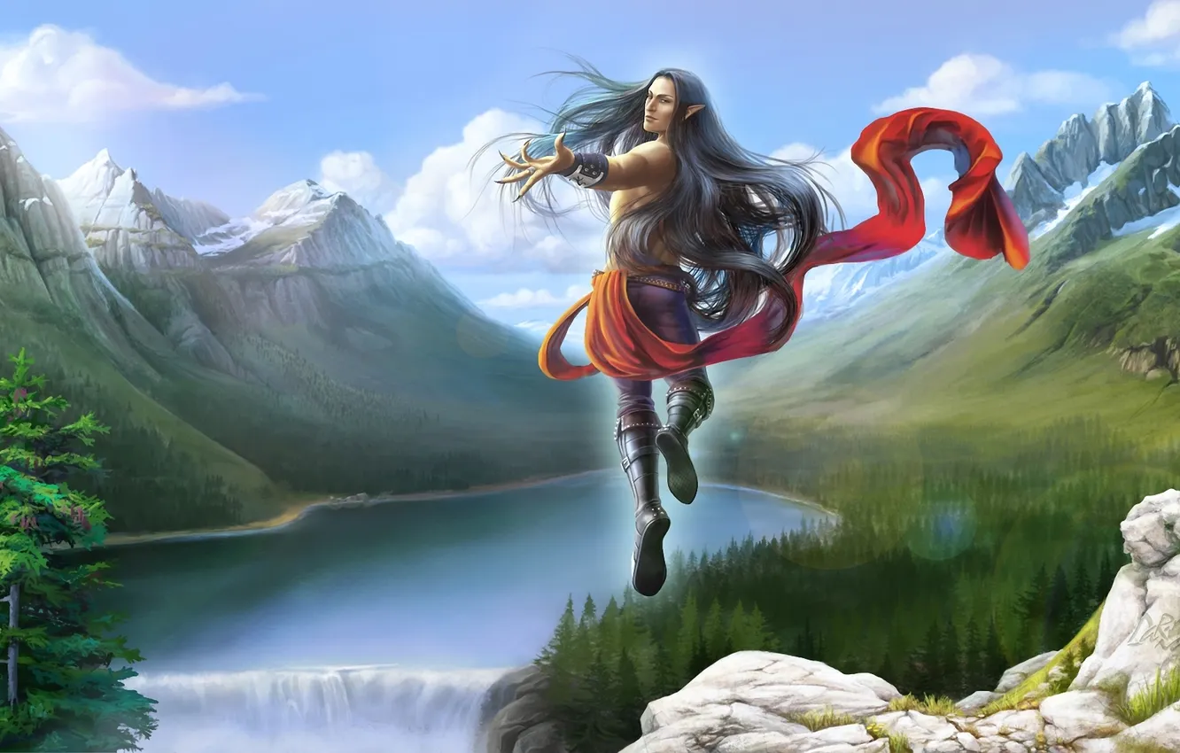 Photo wallpaper forest, landscape, mountains, jump, elf, waterfall, art, guy