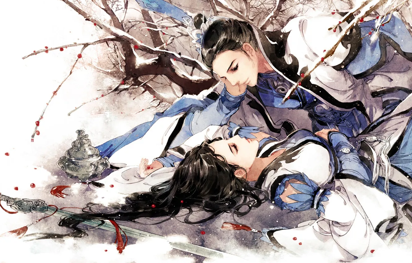 Photo wallpaper girl, snow, berries, sword, sleeping, guy, art, Ibuki Satsuki