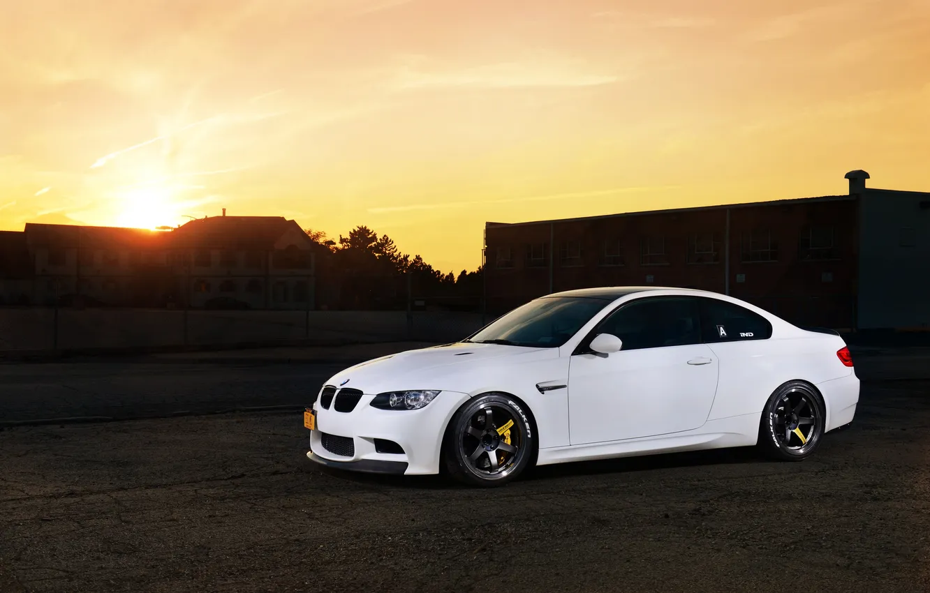 Photo wallpaper white, sunset, building, bmw, BMW, the evening, white, sunset