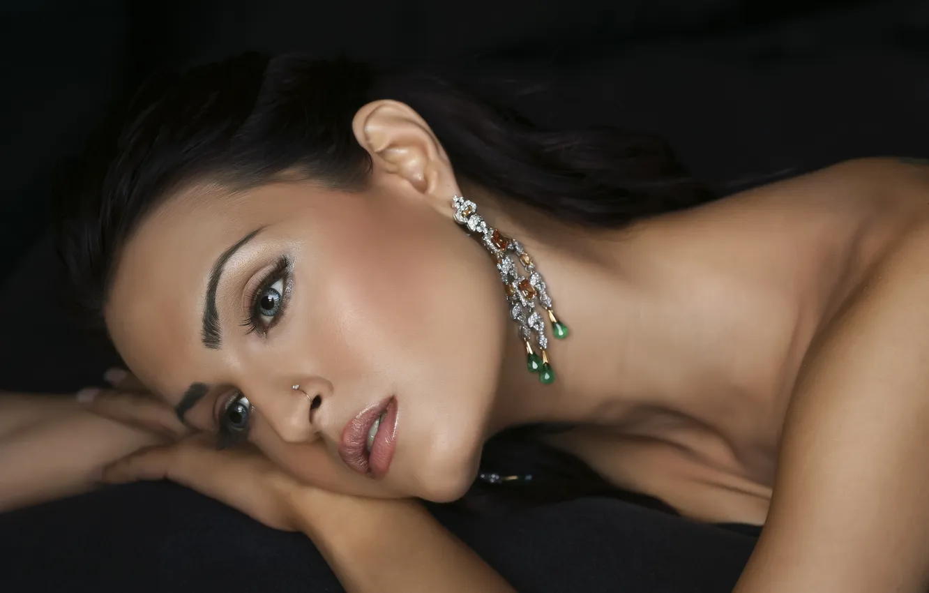 Photo wallpaper girl, decoration, face, earrings, makeup, brunette, lies