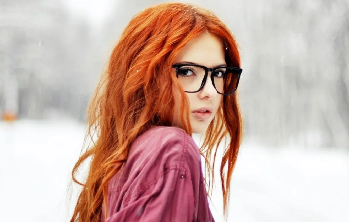 Photo wallpaper look, girl, snow, glasses, red, ebba zingmark