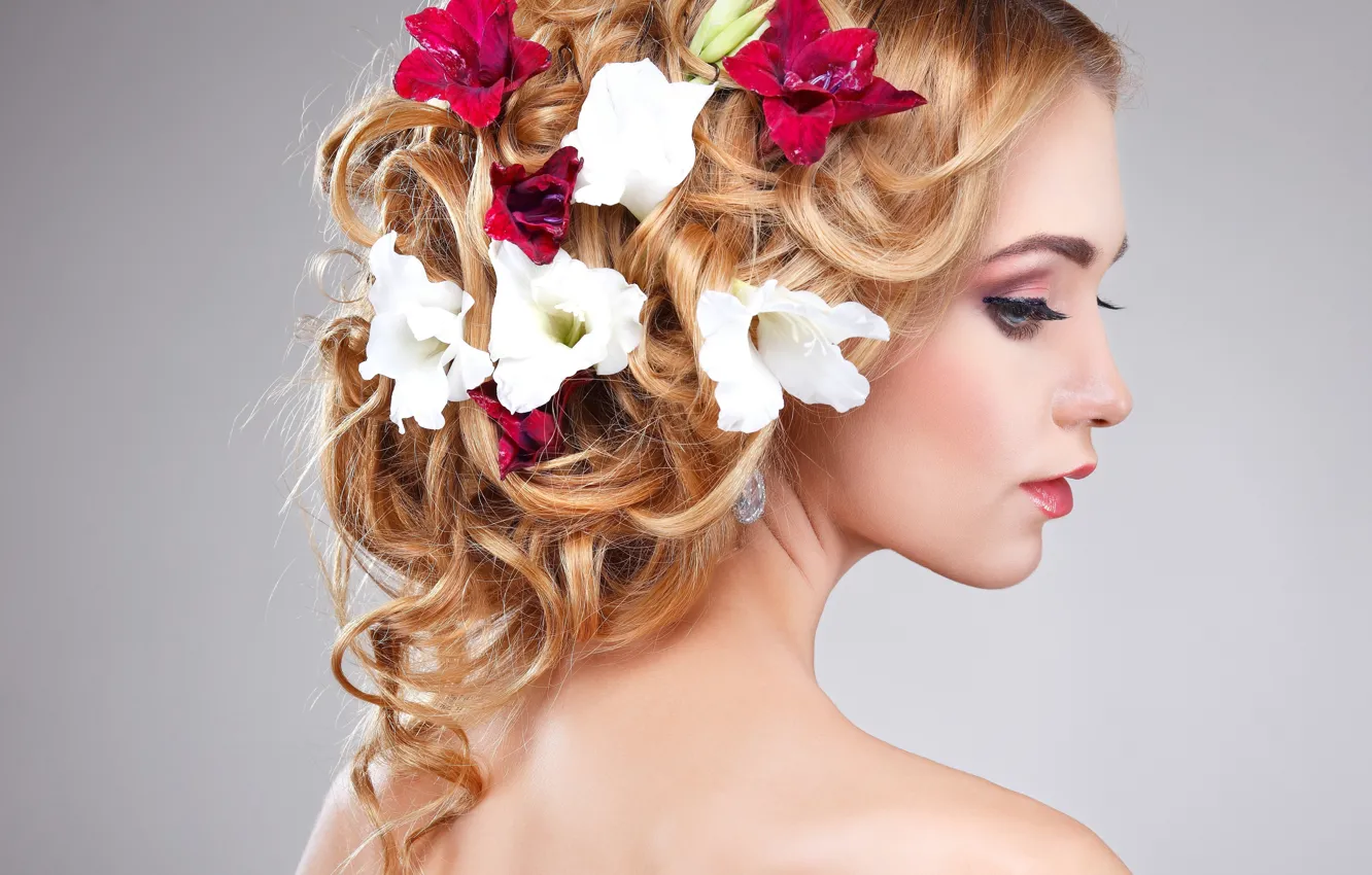 Photo wallpaper flowers, face, background, portrait, makeup, hairstyle, blonde, profile