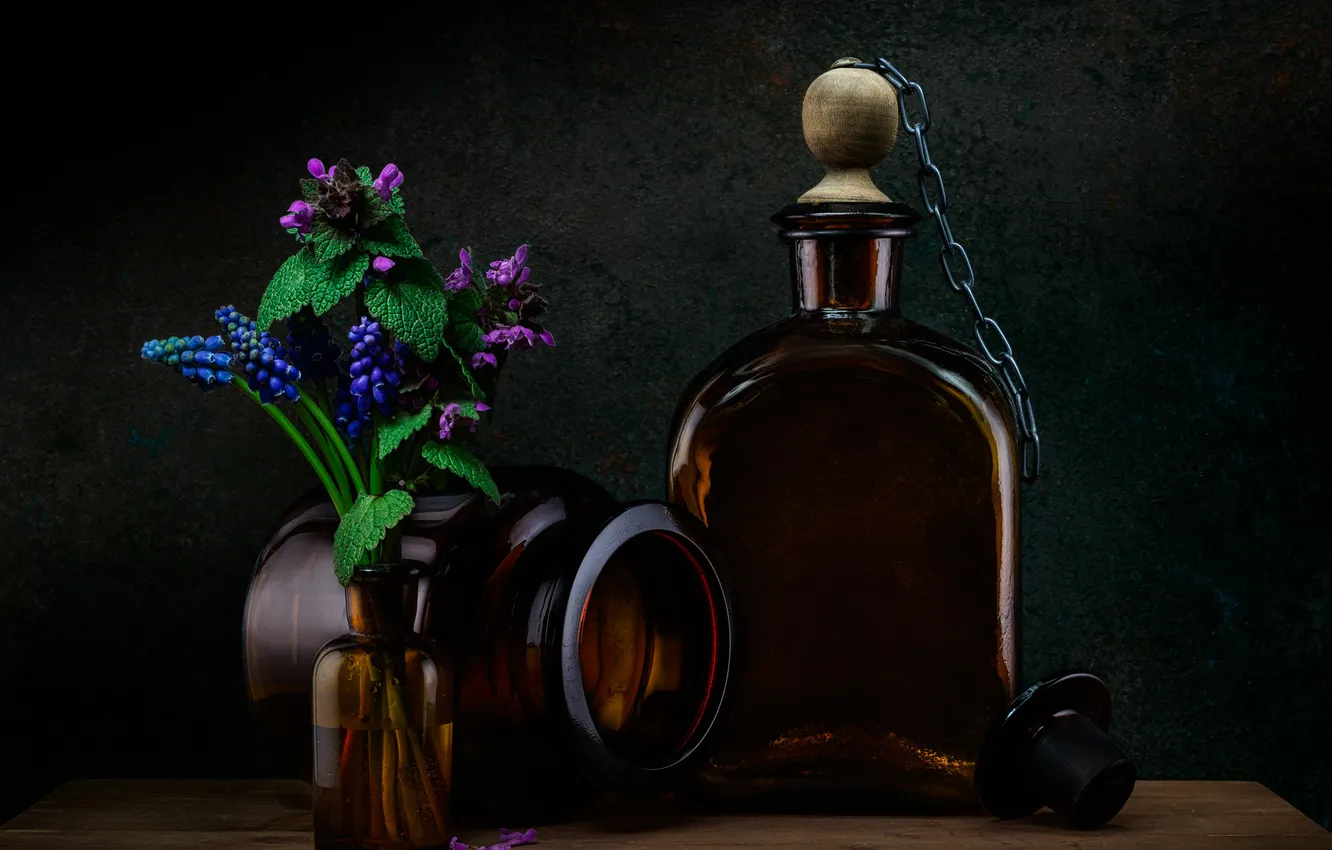 Photo wallpaper bottle, bouquet, tube, meadow flowers, a bunch
