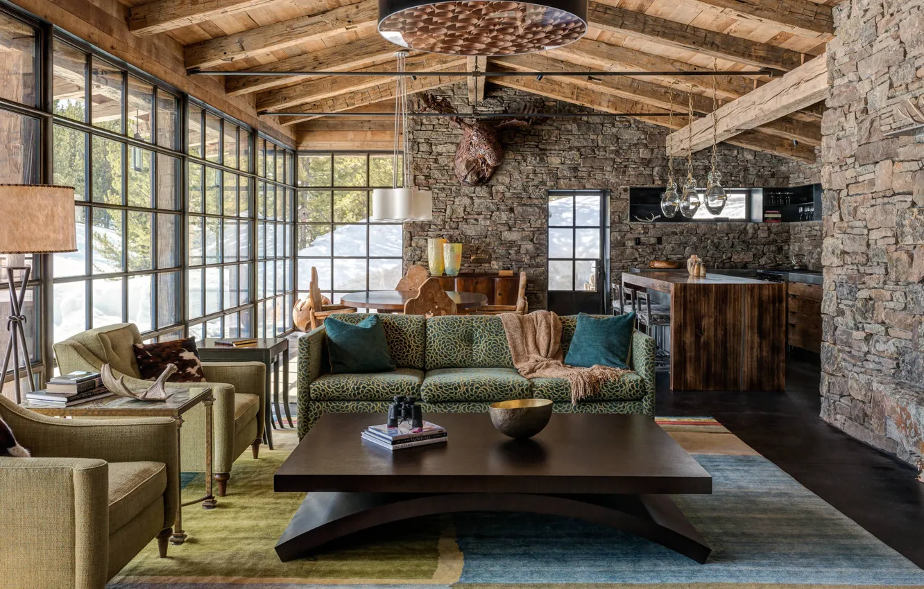 Photo wallpaper interior, kitchen, fireplace, living room, dining room, Montana, Montana, by Pearson Design Group
