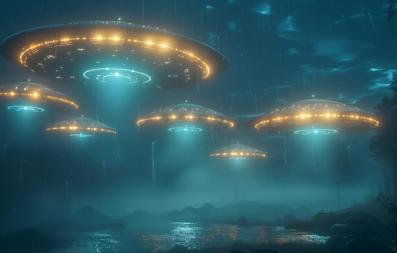 Photo wallpaper nature, fog, future, fiction, UFO, haze, spaceship, the futuristic