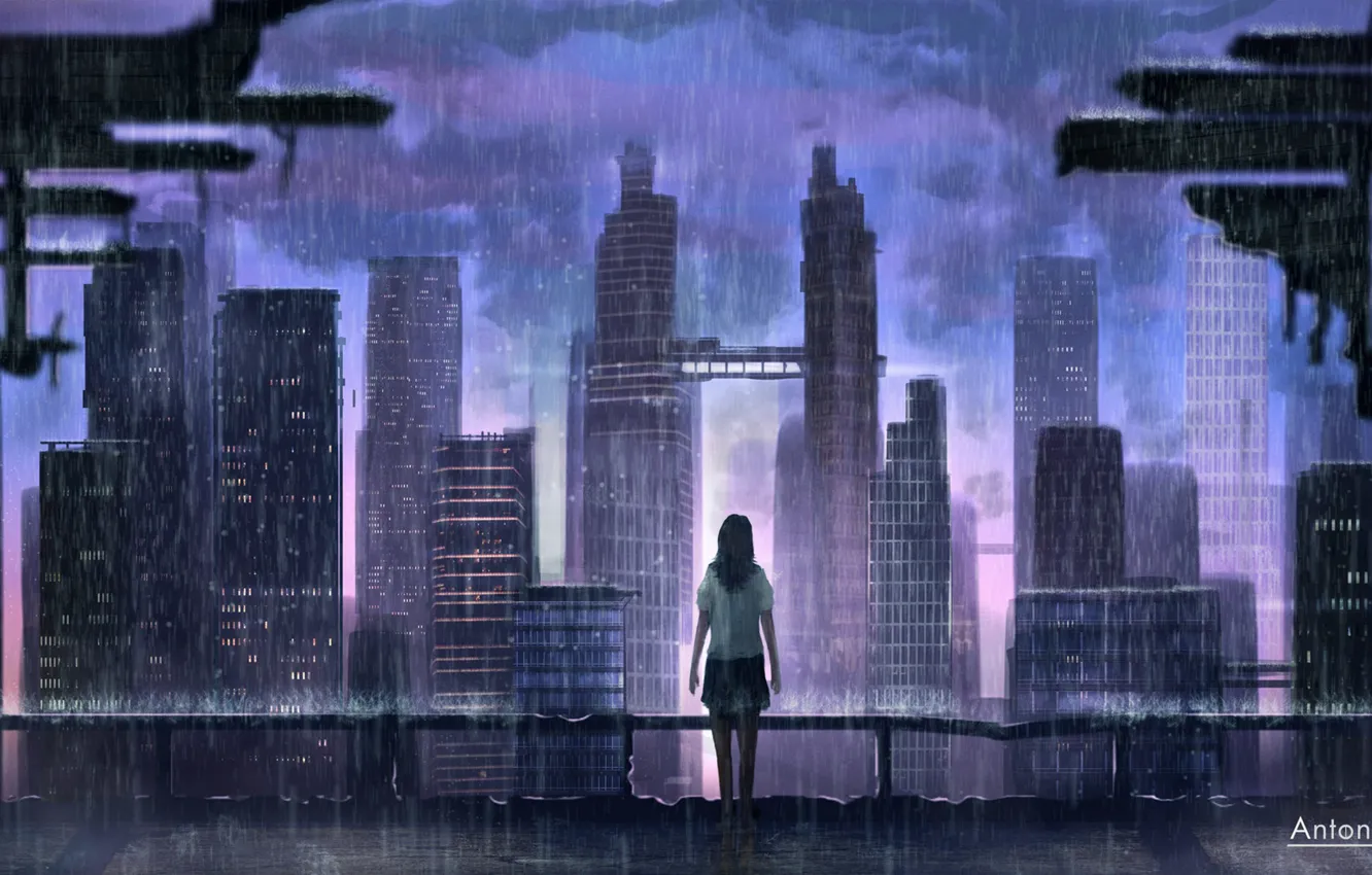 Photo wallpaper girl, the city, rain, fantasy, the shower, art, Illustration, Concept Art