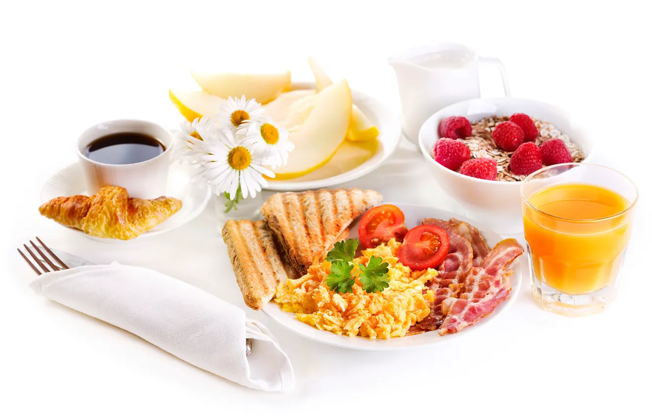 Photo wallpaper raspberry, coffee, chamomile, Breakfast, juice, tomatoes, bacon, croissant