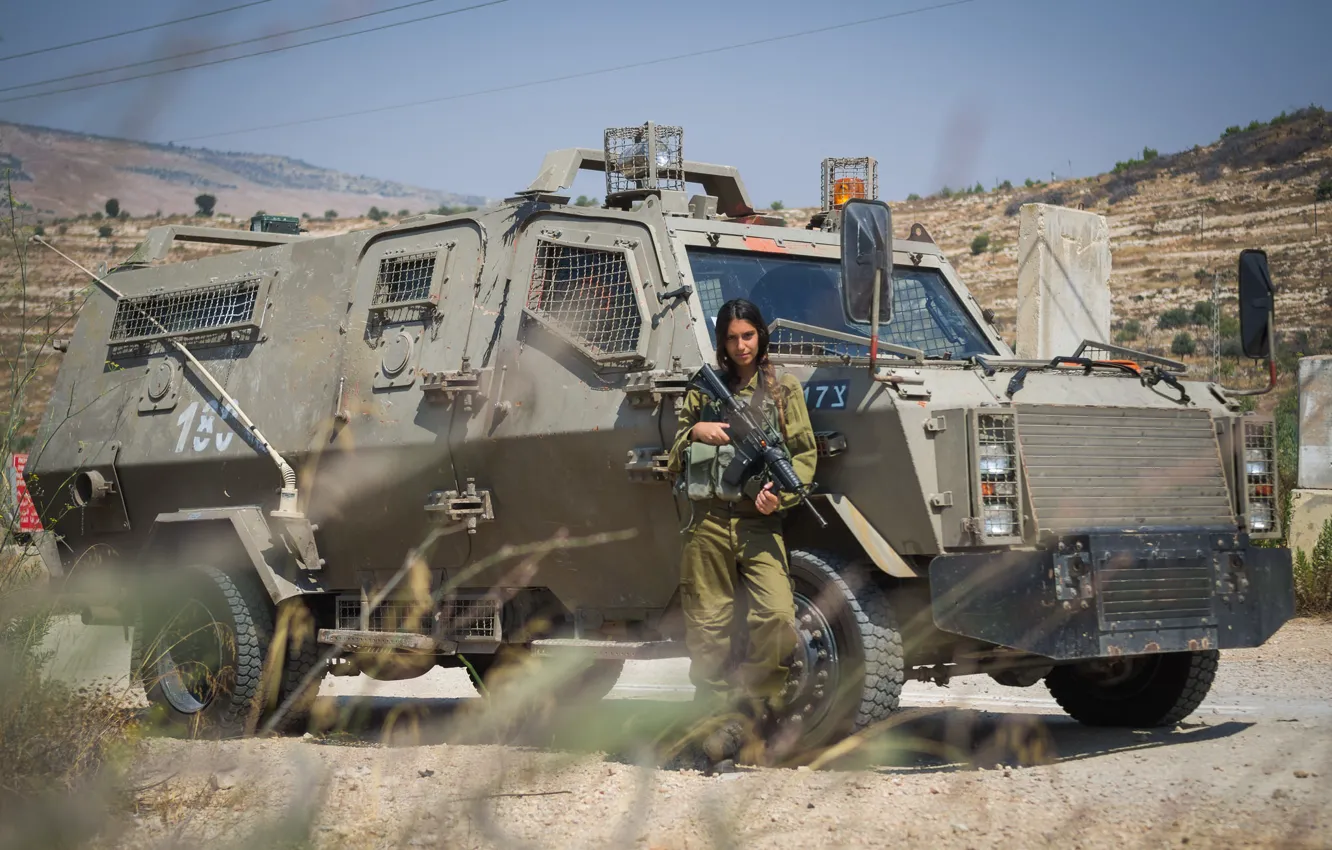 Photo wallpaper machine, machine, combat, multipurpose, armored, wheel, girl soldier