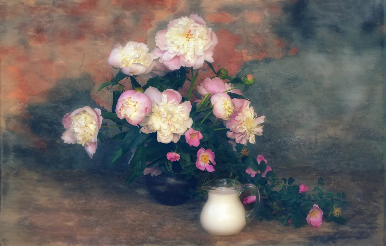 Photo wallpaper leaves, flowers, branches, table, wall, treatment, bouquet, blur