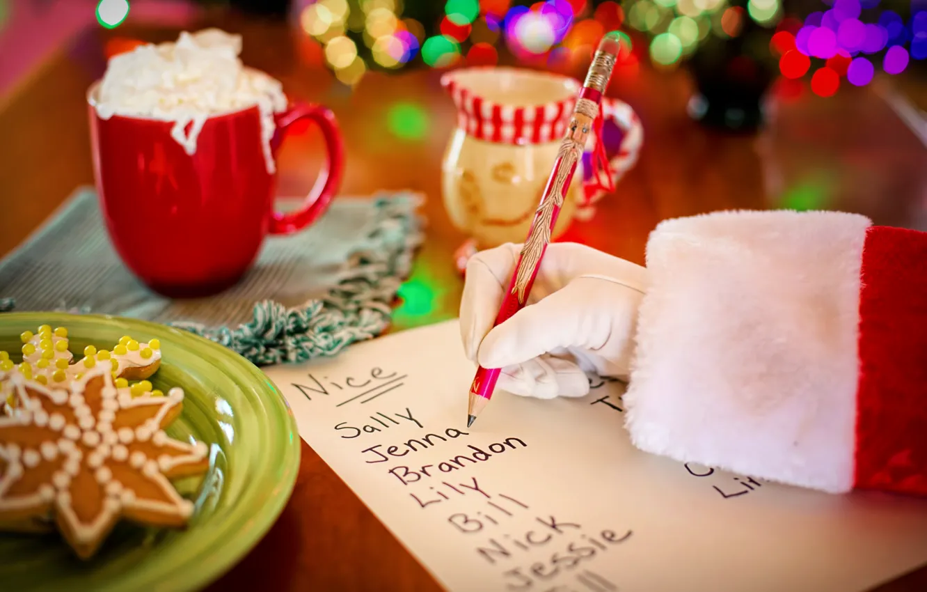 Photo wallpaper holiday, new year, hands, pencils, cookies, plate, Christmas, mug