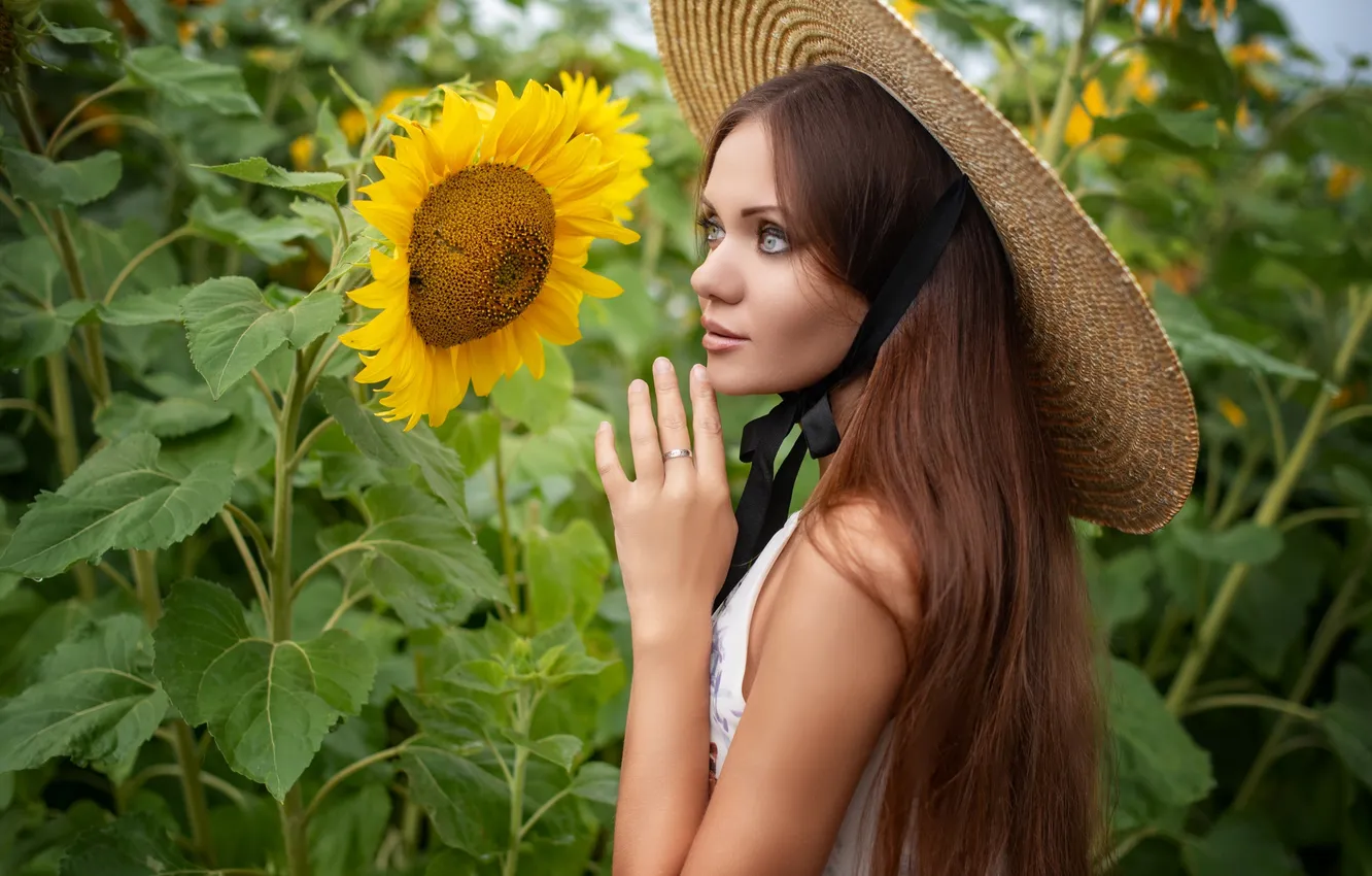 Photo wallpaper field, girl, sunflowers, pose, hat, hands, long hair, Slavio Stepanov