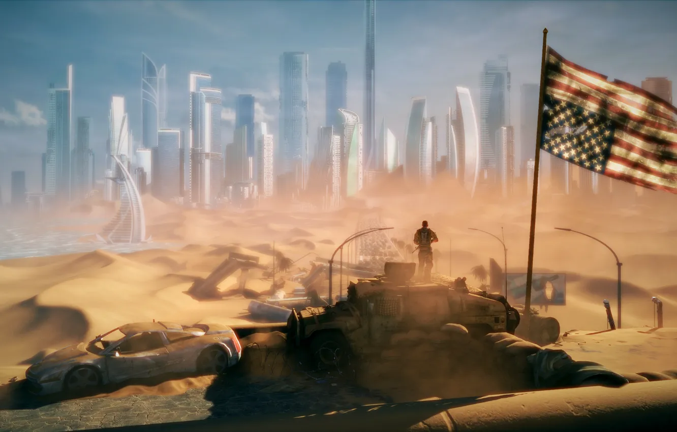 Photo wallpaper the city, Apocalypse, desert, hammer, flag, USA, America, pustosh