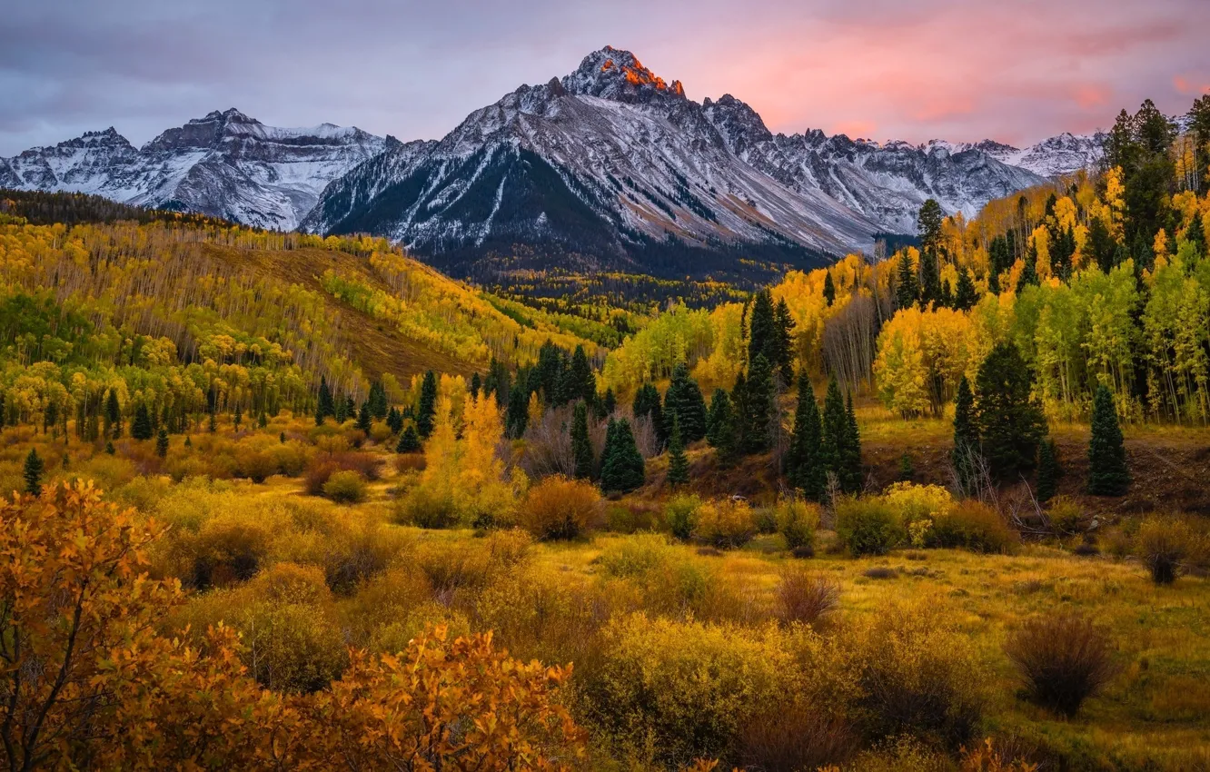 Photo wallpaper autumn, the sky, snow, trees, mountains, nature, rocks, Colorado