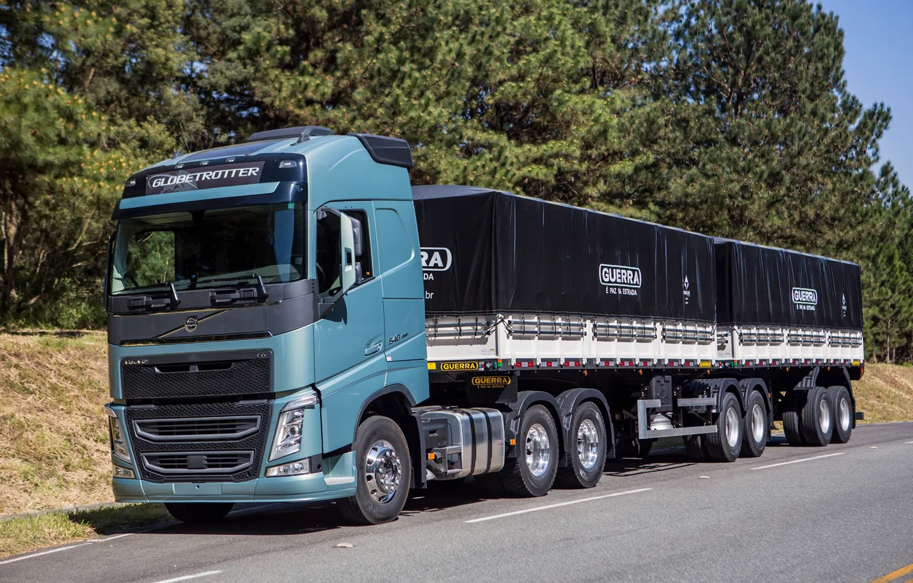 Photo wallpaper road, trees, Volvo, wheel, cabin, the trailer, truck, tractor