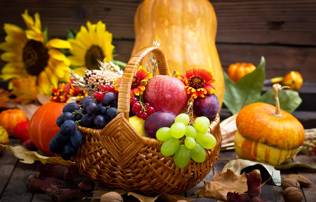 Photo wallpaper autumn, flowers, basket, apples, grapes, pumpkin, fruit