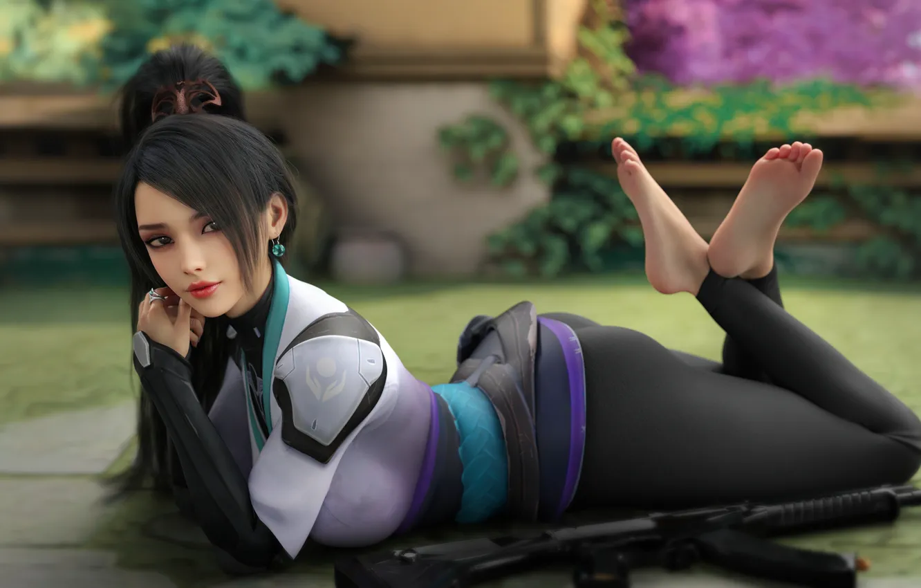 Photo wallpaper long hair, women, lying down, girls with guns, feet, Naked Snake, looking at viewer, lying …