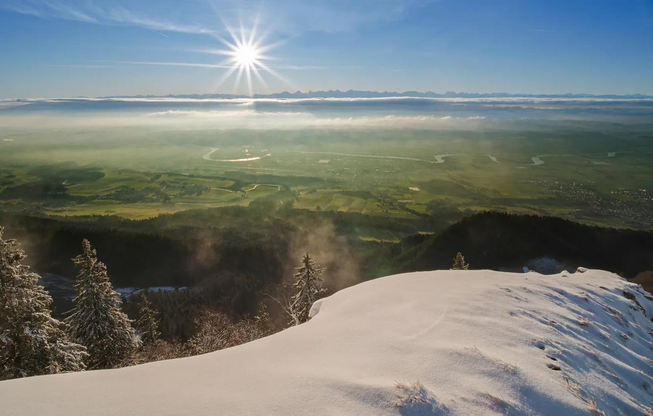 Photo wallpaper winter, field, forest, the sky, the sun, clouds, rays, light