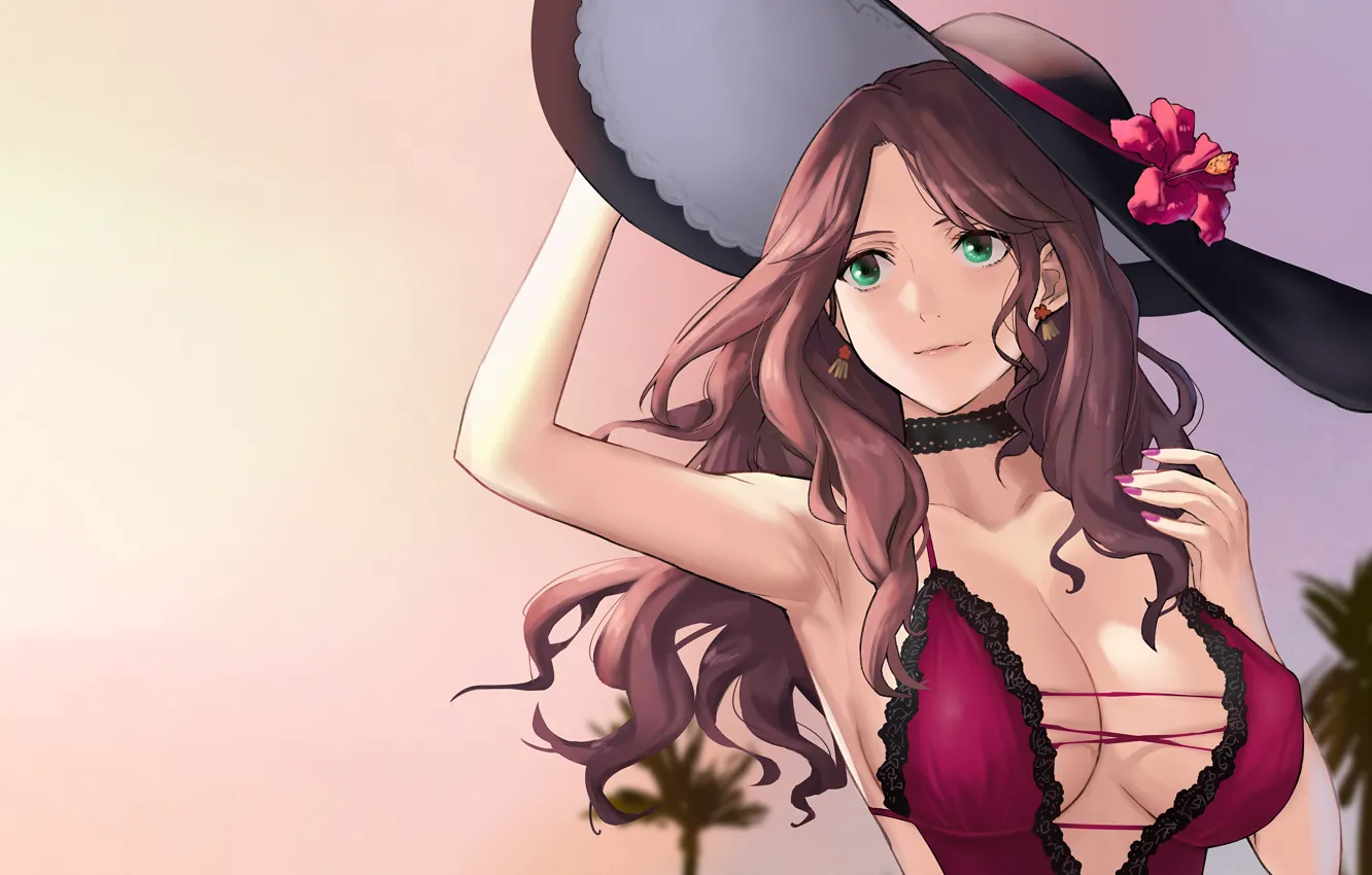 Photo wallpaper girl, sexy, cleavage, blouse, green eyes, long hair, hat, brown hair