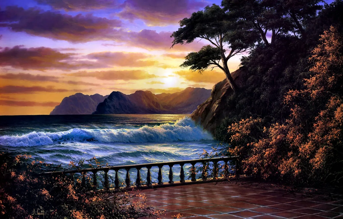 Photo wallpaper sea, sunset, painting, Anthony Casay
