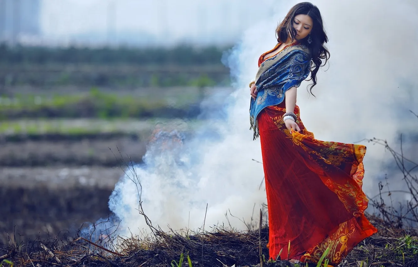 Photo wallpaper grass, girl, lights, fire, smoke, dress, brunette, Asian