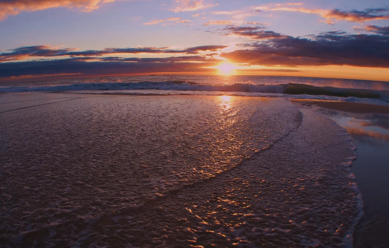 Photo wallpaper sand, sea, wave, beach, the sky, foam, water, the sun