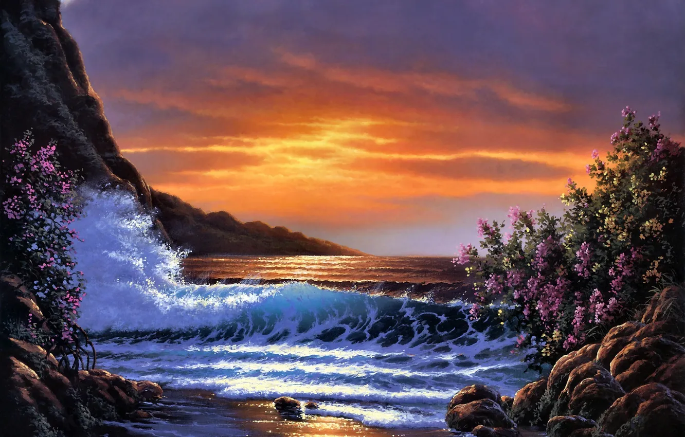 Photo wallpaper waves, sea, sunset, painting, Derk Hansen, bush, bloom, Sunset Shores