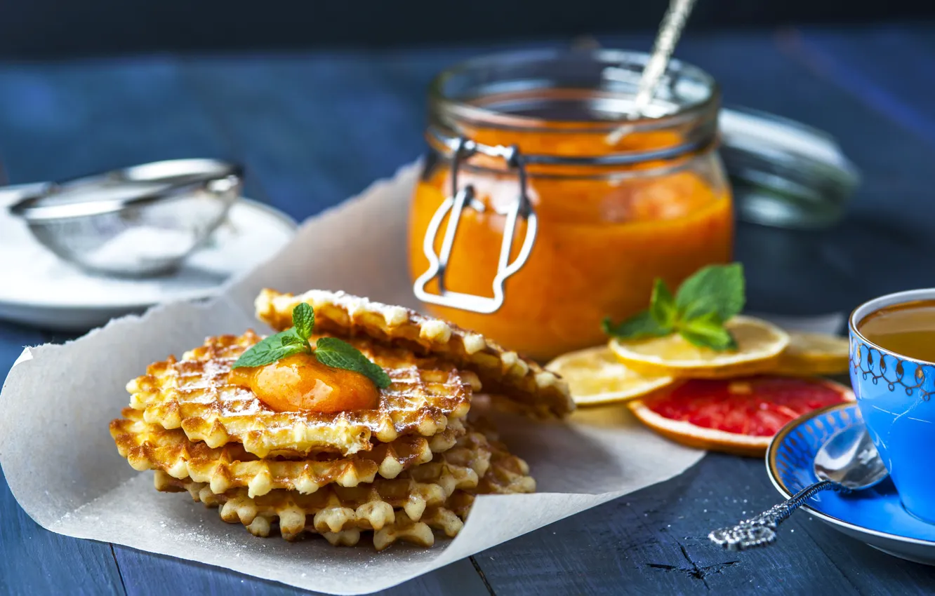 Photo wallpaper tea, Bank, waffles, cakes, background, sweet, sweet, jam