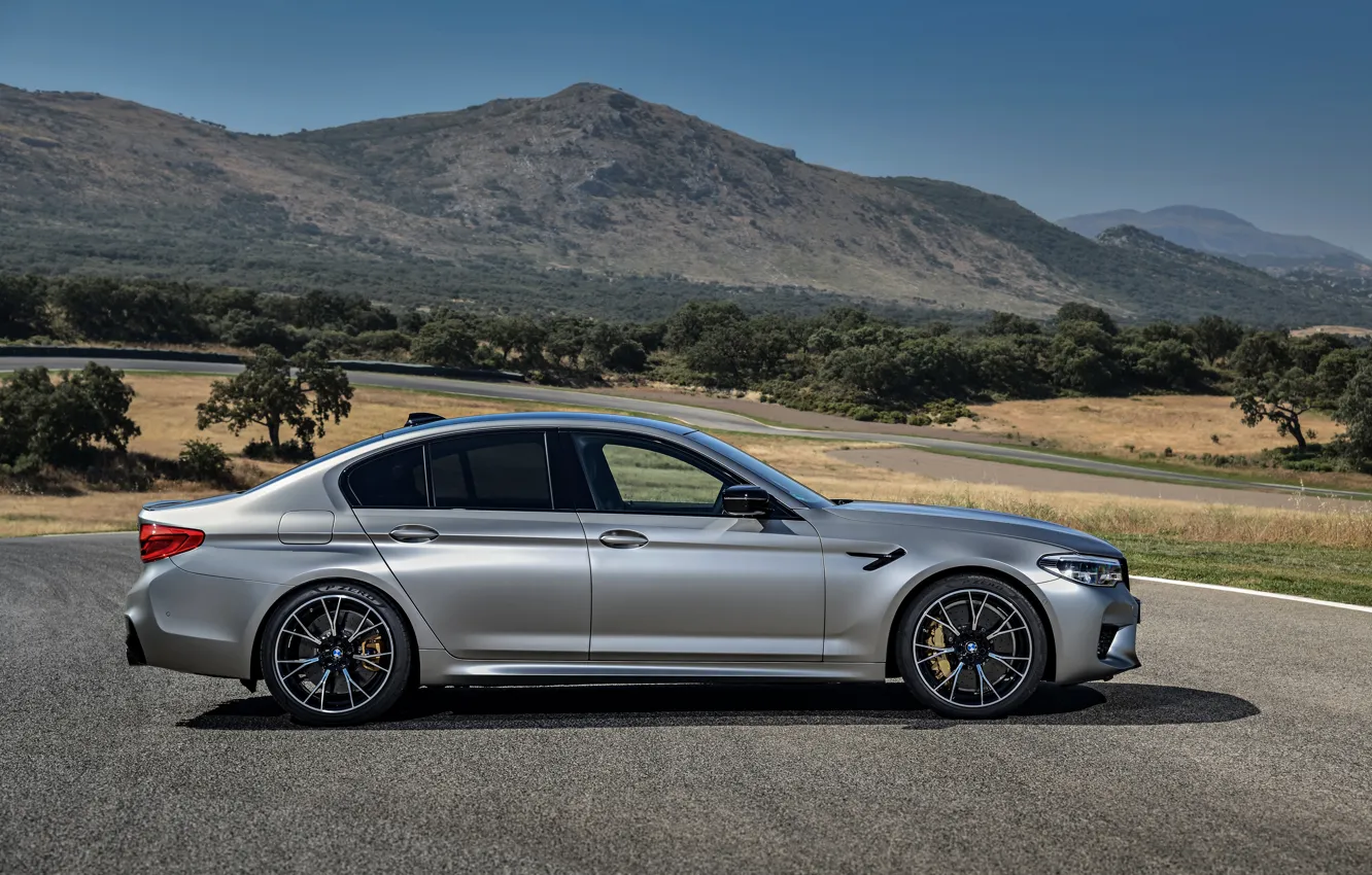 Photo wallpaper grey, BMW, profile, sedan, 4x4, 2018, four-door, M5