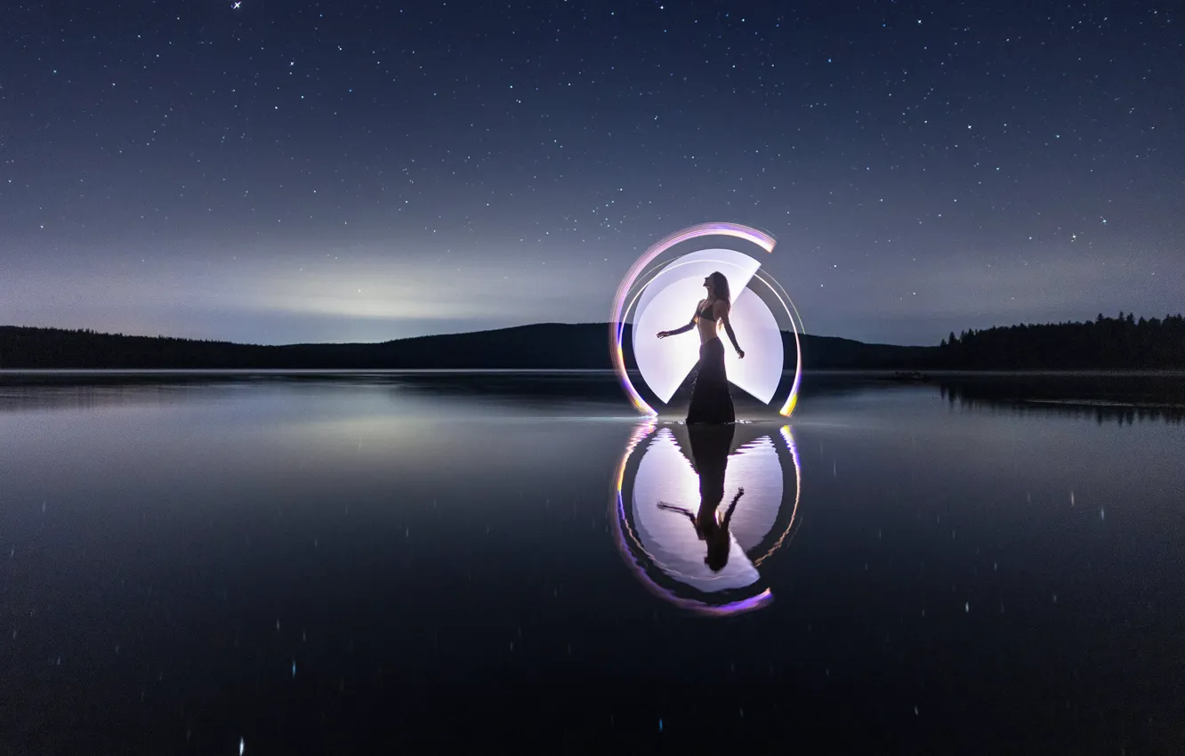 Photo wallpaper forest, the sky, girl, stars, light, circles, landscape, night